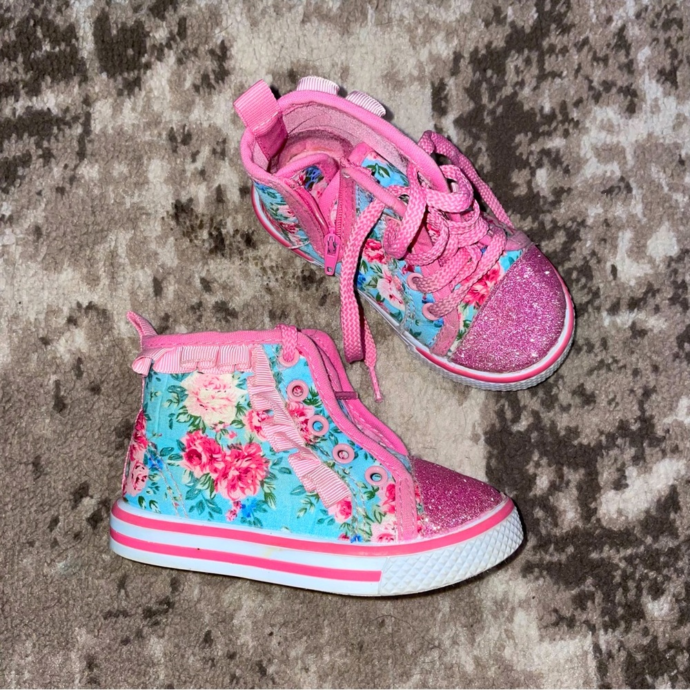 LAURA ASHLEY high top sneakers pink glitter floral size 7 toddler